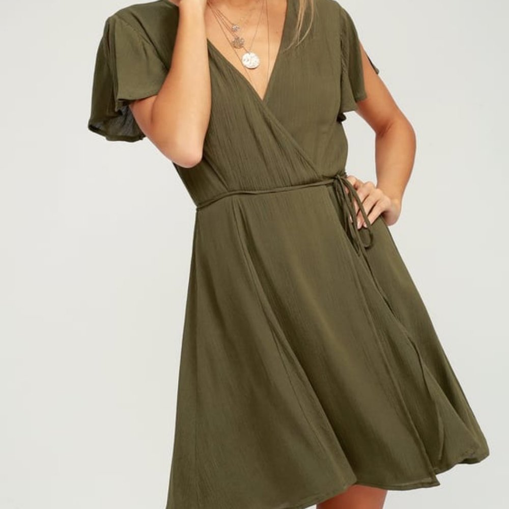 Lulu's Harbor Point Olive Green Wrap Dress, Size S